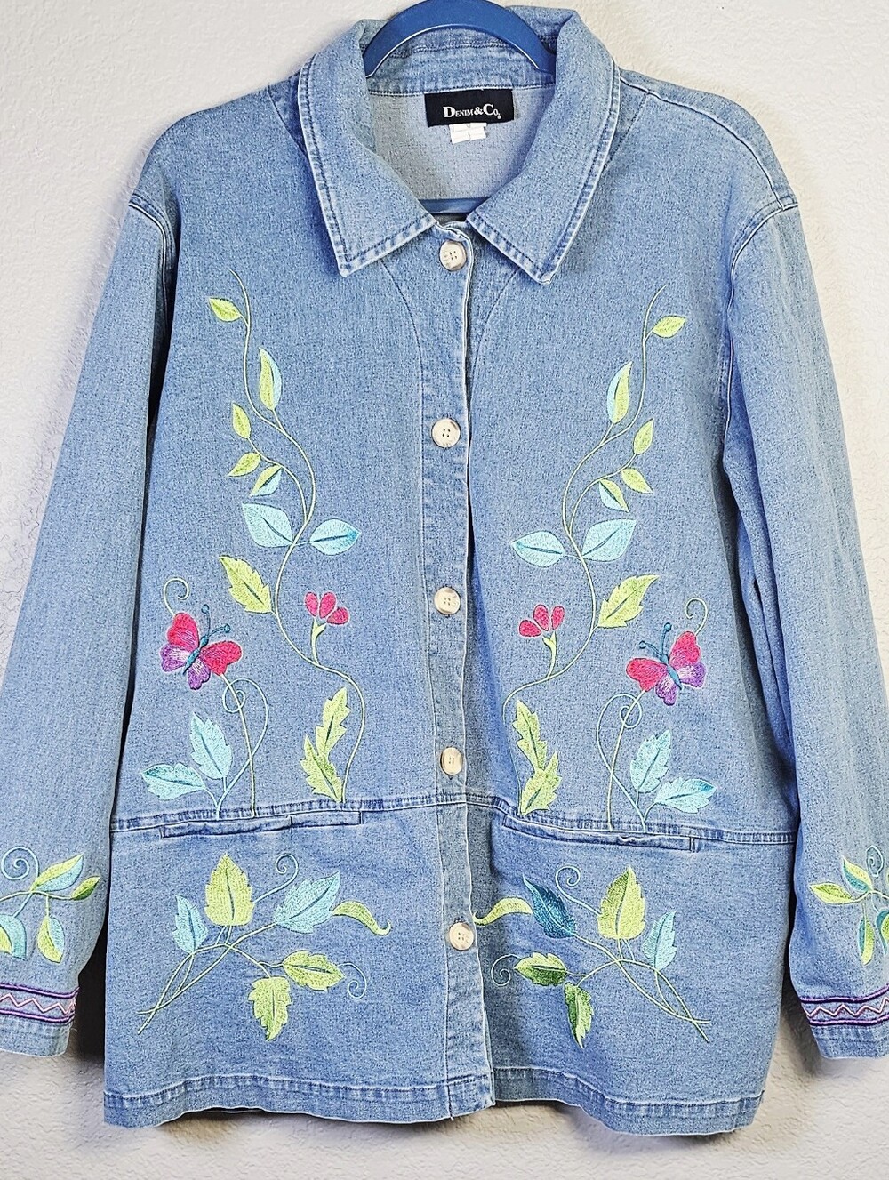 Denim & Co XL Y2K Butterfly Floral Embroidered Denim Shacket
